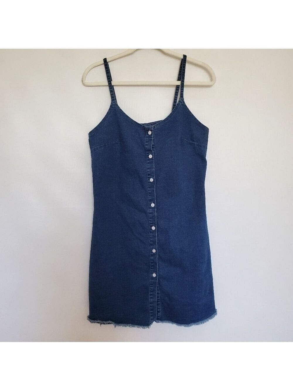 DENIM MINI DRESS 90'S Y2K WOMENS XL BLUE BUTTON UP RAW HEM COACHELLA STAGECOACH - Picture 2 of 11